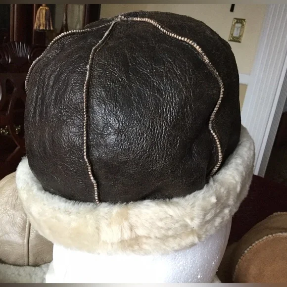 Leather Sheepskin Fur Hat Round Beanie, Brown S/M Winter Sheepskin Leather Fur Knit Beanie Cuff Round Bucket  main image 4